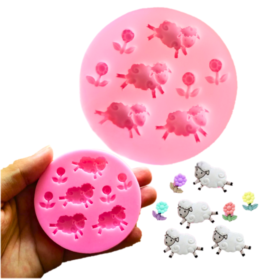 Molde de Silicona Ovejas y Flores 3D Mini
